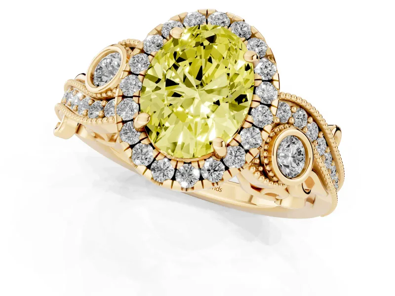 Fancy Yellow Oval Cut Diamond Halo Ring Set in Yellow gold with Milgrain Pavé Band and Prong Setting