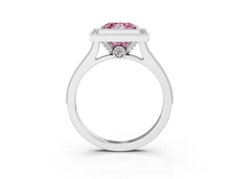 Princess Cut Vintage Milgrain Halo Engagement Ring Setting for a Fancy Pink Lab-Grown Diamond | Bezel Head | Platinum