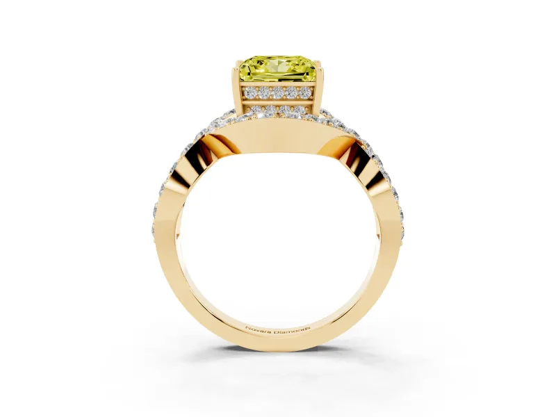 Fancy Yellow Princess Cut Diamond Solitaire Twist Band Pavé Engagement Ring Set in Yellow gold