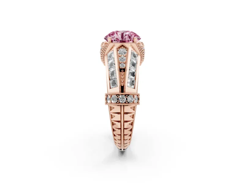 Fancy Pink Round Cut Diamond Vintage-Inspired Milgrain Ring Set in Rose gold with Accent Split Shank
