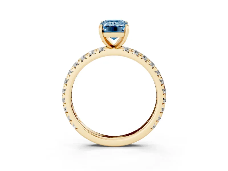 Fancy Blue Emerald Cut Diamond Pavé Solitaire Ring Set in Yellow gold with Round Band and Prong Setting