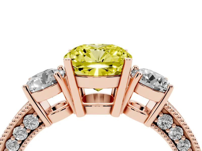Fancy Yellow Cushion Cut Diamond Three-Stone Ring Set in Rose gold with Round Side Stones and Pavé Band
