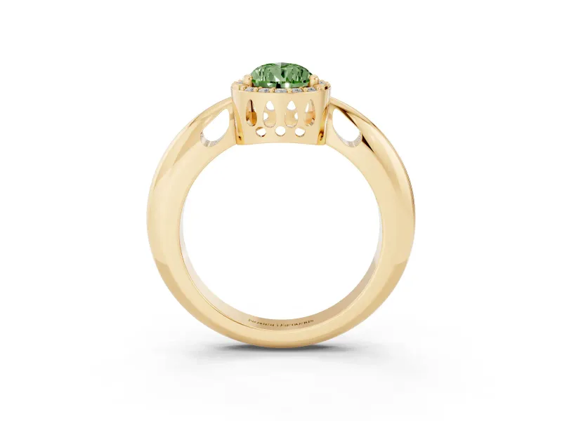 Fancy Green Pear Cut Diamond Halo Engagement Ring Set in Yellow gold with Plain Split Shank and Prong Setting