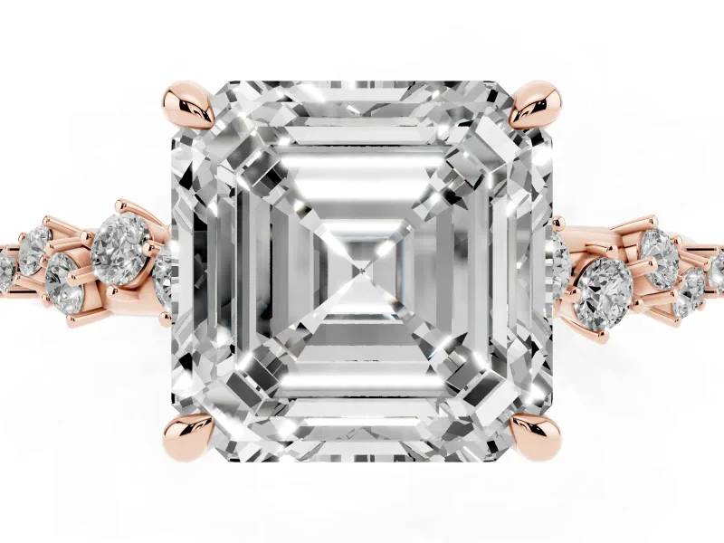 Asscher Cut Graduated Accent Engagement Ring Setting | Scattered Shoulders | Rose Gold