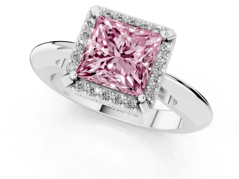 Fancy Pink Princess Cut Diamond Halo Engagement Ring Set in Platinum with Plain Split Shank and Prong Setting