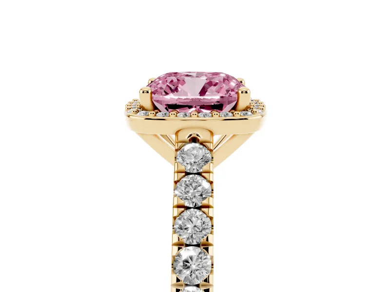 Fancy Pink Cushion Cut Diamond Halo Engagement Ring Set in Yellow gold with Pavé Band and Prong Setting