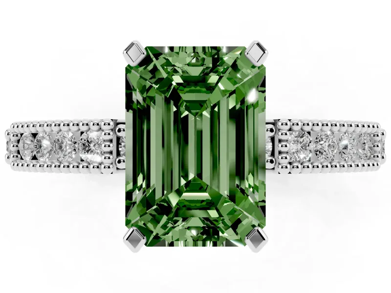 Fancy Green Emerald Cut Diamond Solitaire Ring Set in White gold with Slim Pavé Band and Prong Setting