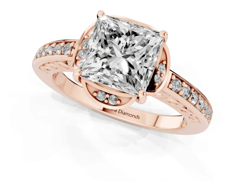 Princess Cut Floral Pavé Engagement Ring Setting | Petal Accents | Rose Gold