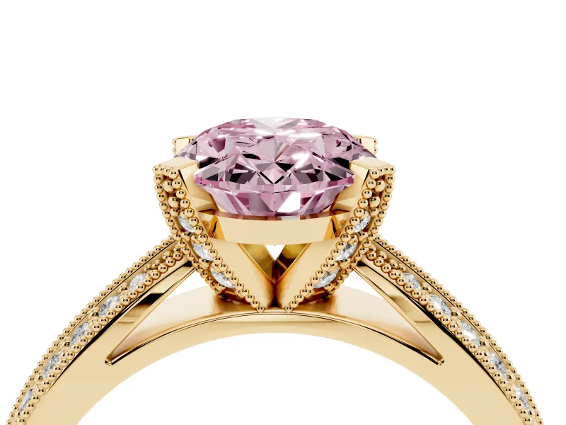 Fancy Pink Oval Cut Diamond Solitaire Ring Set in Yellow gold with Milgrain Double Row Round Pavé Band