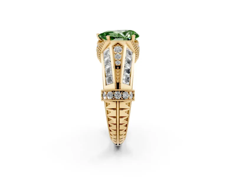 Fancy Green Pear Cut Diamond Vintage-Inspired Milgrain Ring Set in Yellow gold with Accent Split Shank