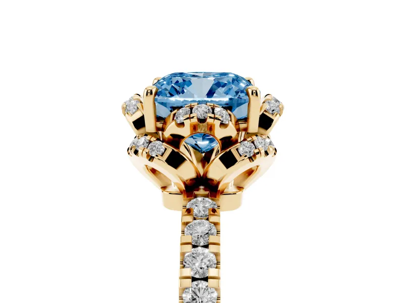 Cushion Cut Floral Petal Halo Engagement Ring Setting for a Fancy Blue Lab-Grown Diamond | Pavé Band | Yellow Gold