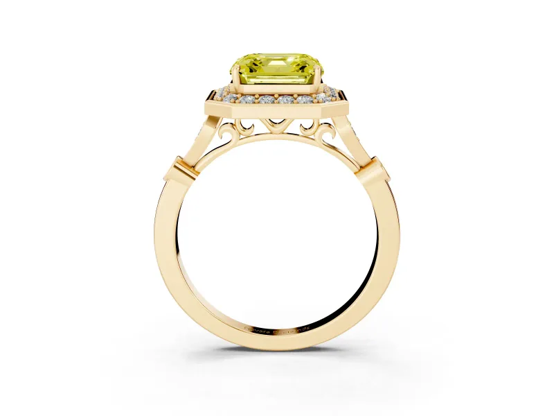 Asscher Cut Halo Engagement Ring Setting for a Fancy Yellow Lab-Grown Diamond | Bezel Station Shoulders | Yellow Gold