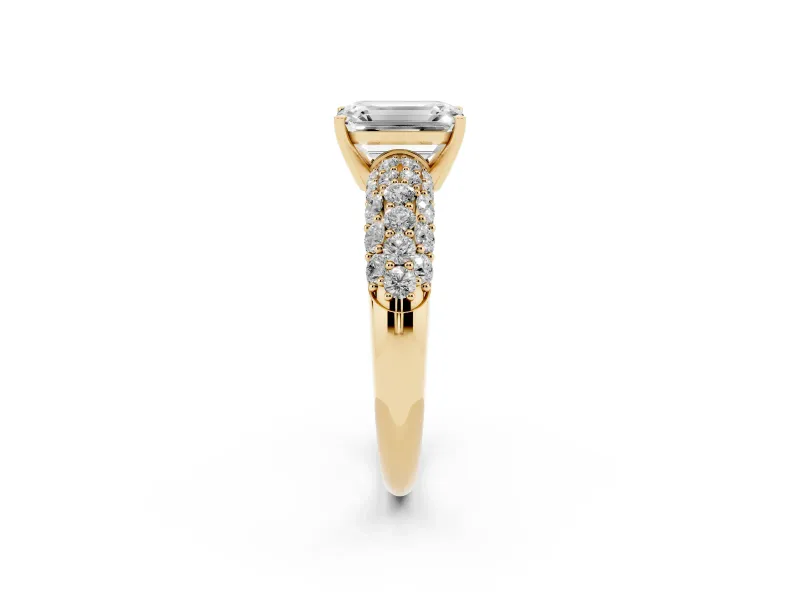 Emerald Cut Multi Row Pave Solitaire Engagement Ring Setting | Domed Shoulders | Yellow Gold