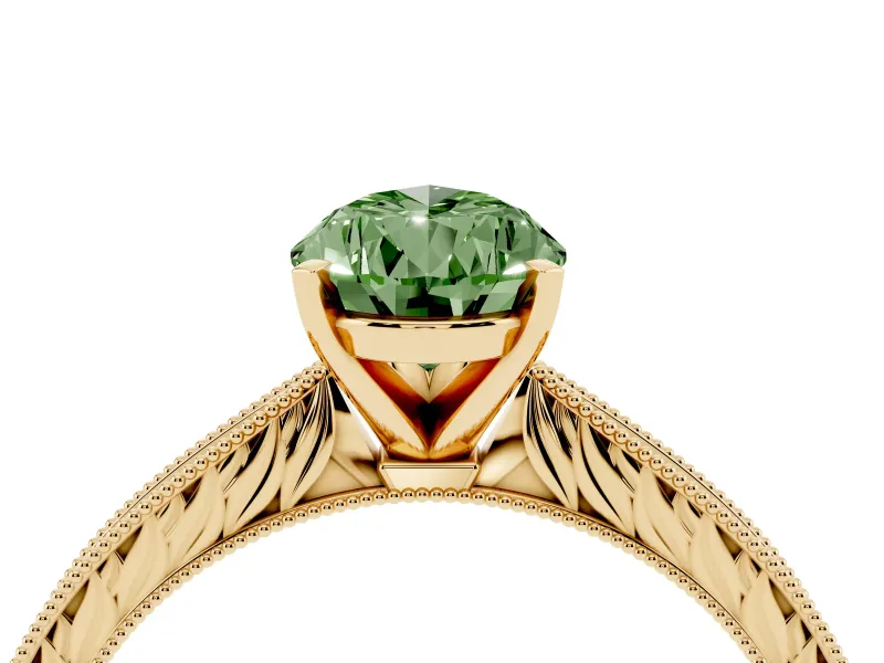 Fancy Green Pear Cut Diamond Solitaire Milgrain Engraved Band Set in Yellow gold with Prong Setting
