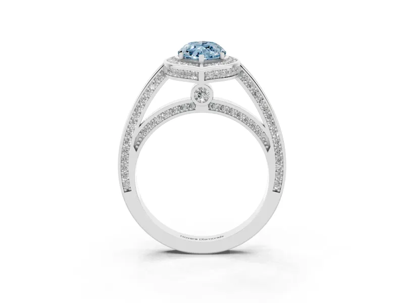 Fancy Blue Marquise Cut Diamond Halo Pavé Split Shank Ring Set in Platinum with Prong Setting