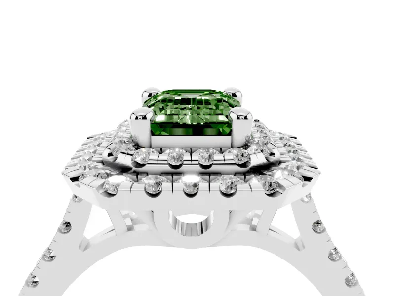 Fancy Green Emerald Cut Diamond Double Halo Statement Ring Set in Silver with Pavé Band