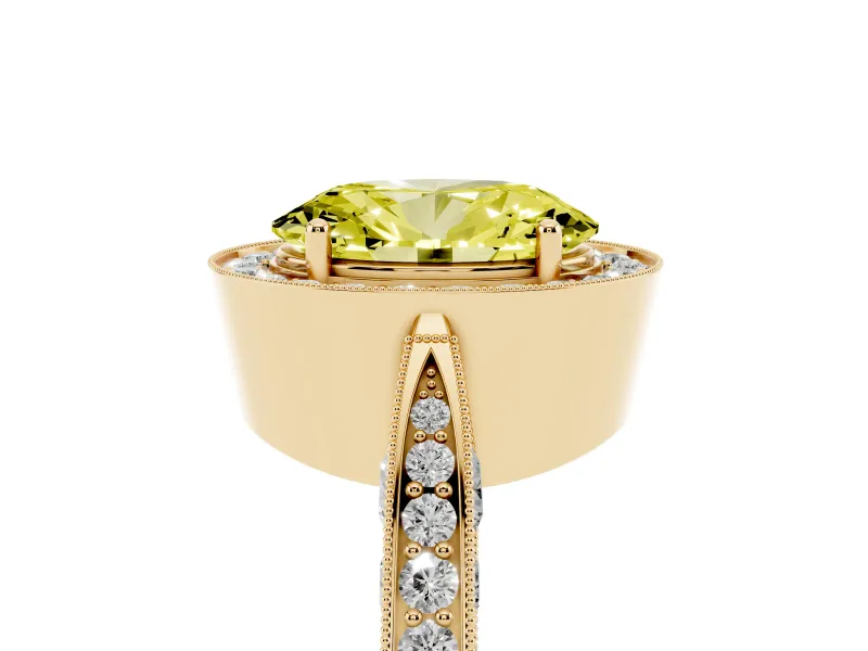 Oval Milgrain Halo Engagement Ring Setting for a Fancy Yellow Lab-Grown Diamond | Side Stones | Yellow Gold