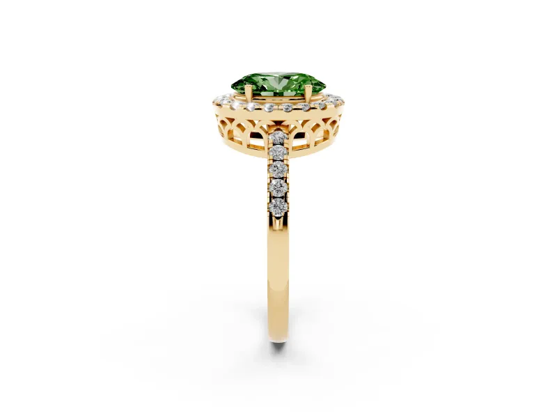 Oval Halo Engagement Ring Setting for a Fancy Green Lab-Grown Diamond | Pavé Band | Yellow Gold