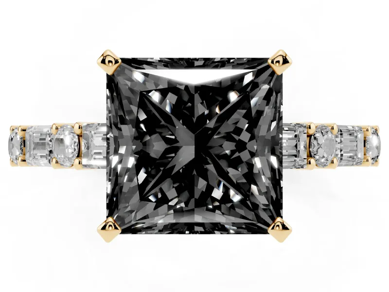 Fancy Black Princess Cut Diamond Solitaire Set in Yellow gold with Side Baguettes and Channel Set Band