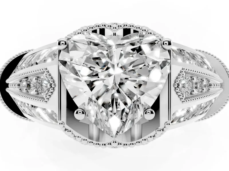 Heart Cut Diamond Vintage-Inspired Milgrain Ring Set in White gold with Accent Split Shank