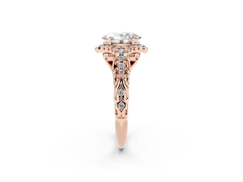 Oval Hidden Halo Filigree Engagement Ring Setting | Pavé Shoulders | Rose Gold