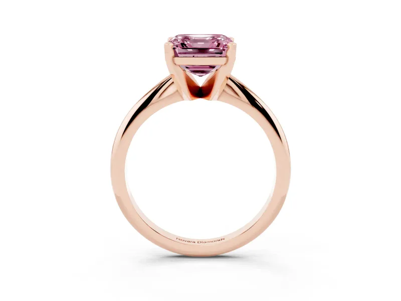 Fancy Pink Asscher Cut Diamond Solitaire Ring Set in Rose gold with Prong Setting on a Plain Round Band