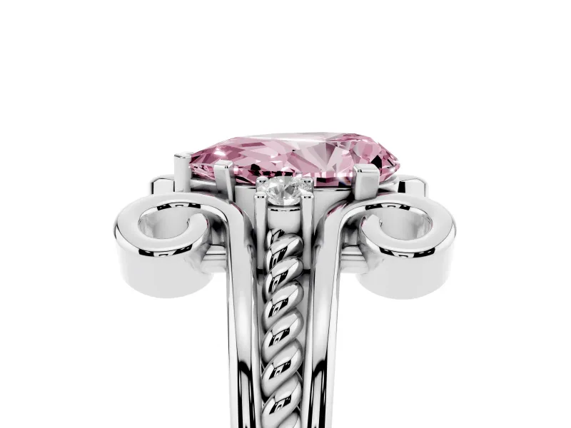 Fancy Pink Pear Cut Diamond Twisted Band Solitaire Ring Set in Platinum with Scroll Prongs