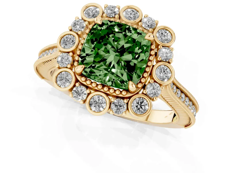 Cushion Cut Scalloped Halo Engagement Ring Setting for a Fancy Green Lab-Grown Diamond | Milgrain Edges | Yellow Gold
