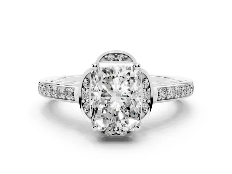 Radiant Cut Diamond Halo Ring Set in White gold with Channel Set Band and Prong Setting