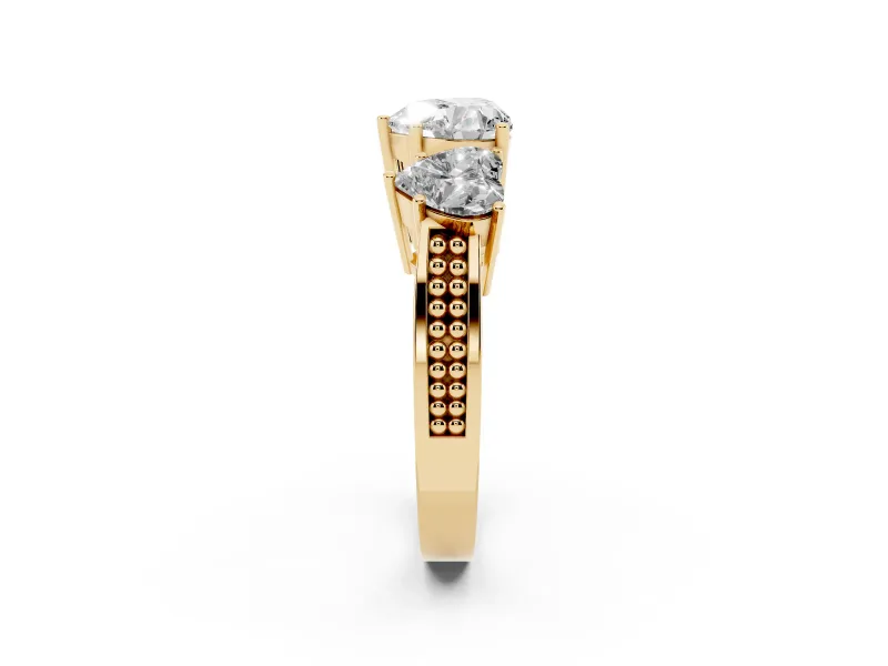 Heart-Shaped Three Stone Engagement Ring Setting | Beaded Shoulders | Yellow Gold