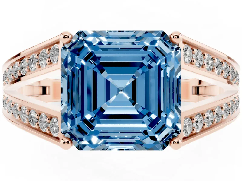 Fancy Blue Asscher Cut Diamond Split Shank Ring Set in Rose gold with Pavé Band and Prong Setting