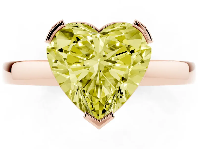 Fancy Yellow Heart Cut Diamond Solitaire Ring Set in Rose gold with Prong Head and Smooth Polished Band
