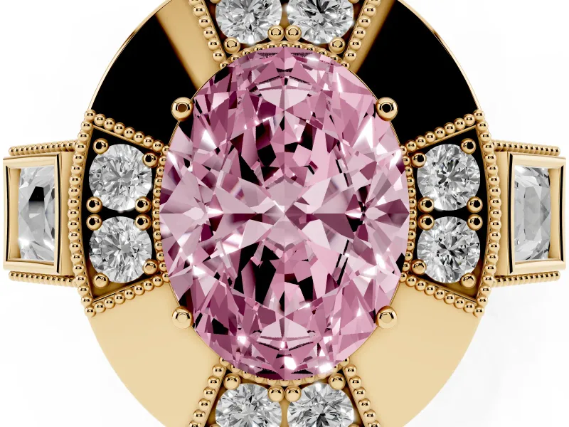 Fancy Pink Oval Cut Diamond Milgrain Halo Ring Set in Yellow gold with Split Shank