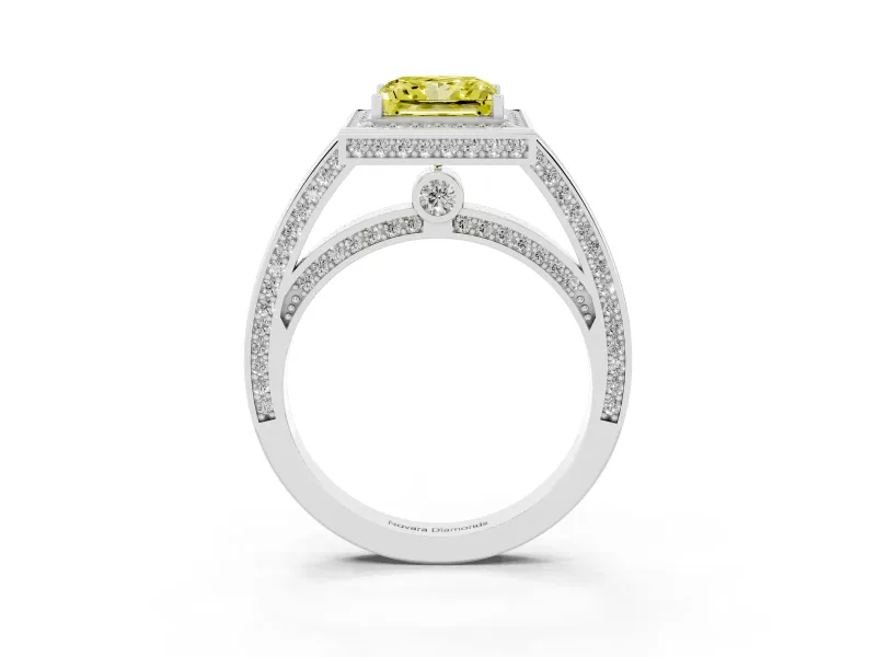 Fancy Yellow Princess Cut Diamond Halo Pavé Split Shank Ring Set in Platinum with Prong Setting