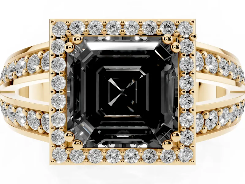 Asscher Cut Halo Engagement Ring Setting for a Black Center | Two-Row Pavé Split Shank | Yellow Gold