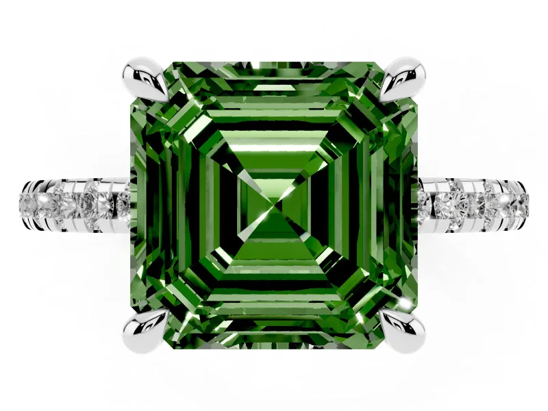 Fancy Green Asscher Cut Diamond Brilliant Solitaire Ring Set in Silver with Pavé Band and Prong Setting