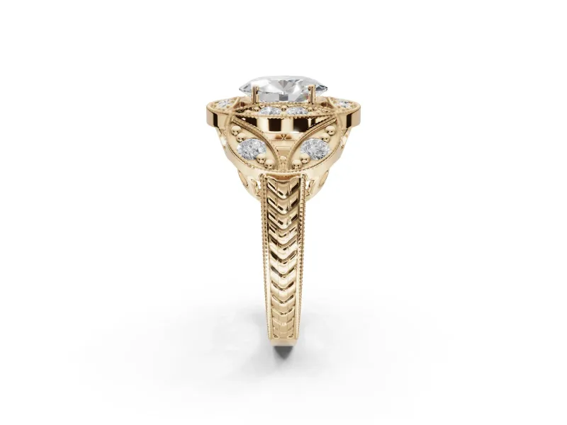 Heart-Shaped Vintage Floral Halo Engagement Ring Setting | Engraved Milgrain Band | Yellow Gold