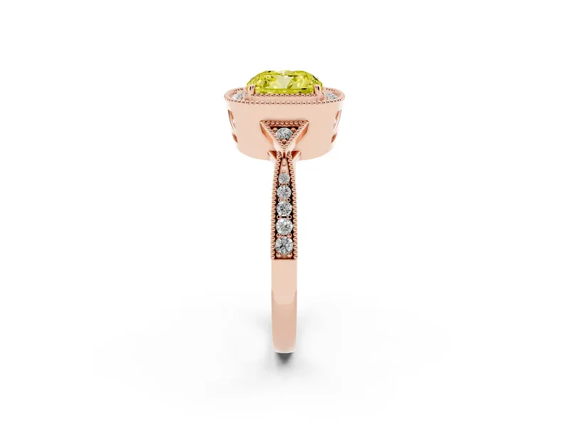 Cushion Cut Milgrain Halo Engagement Ring Setting for a Fancy Yellow Lab-Grown Diamond | Graduated Pavé | Rose Gold