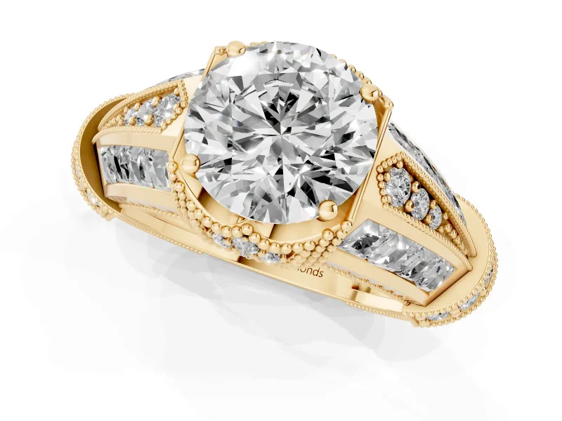 Round Cut Diamond Vintage-Inspired Milgrain Ring Set in Yellow gold with Accent Split Shank