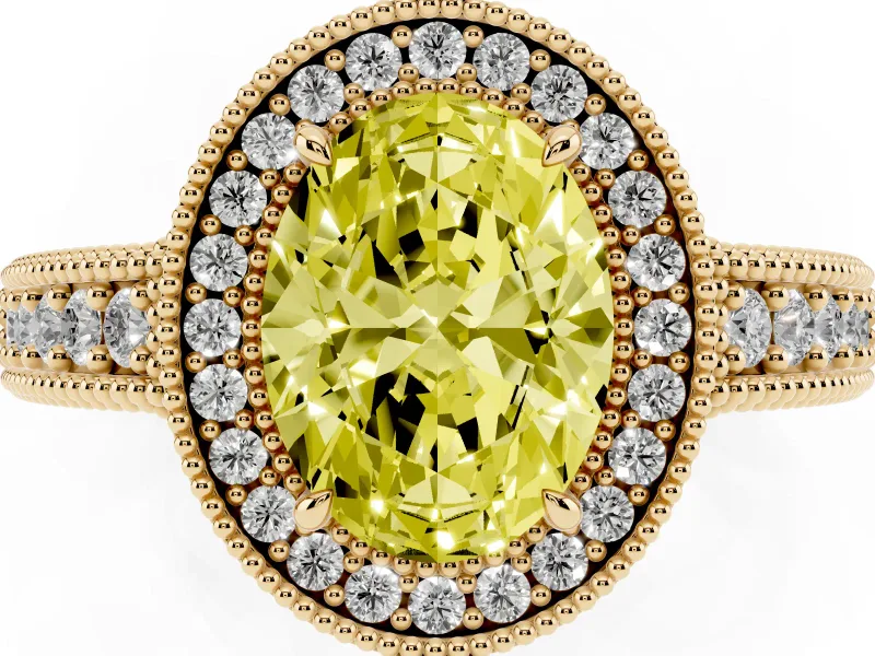 Fancy Yellow Oval Cut Diamond Halo Ring Set in Yellow gold with Round Accent Halo, Pavé Band and Prong Setting