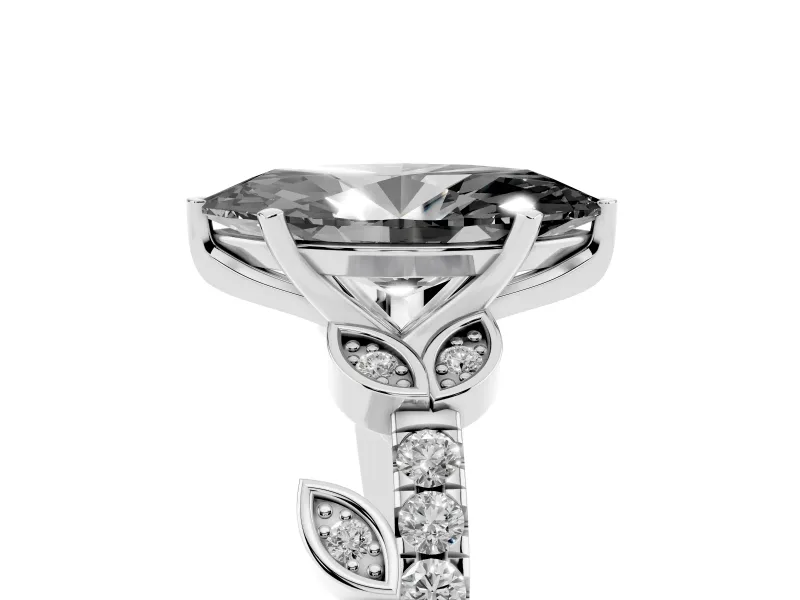 Fancy Black Marquise Cut Diamond Solitaire Leaf-Inspired Ring Set in Silver with Pavé Band and Prong Setting