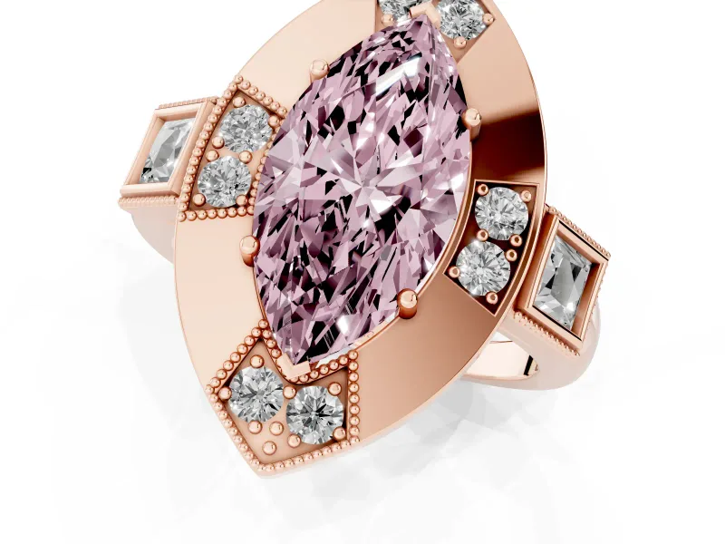 Fancy Pink Marquise Cut Diamond Milgrain Halo Ring Set in Rose gold with Split Shank