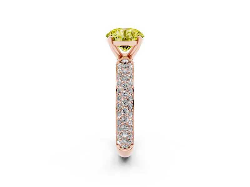 Fancy Yellow Round Cut Diamond Solitaire Ring Set in Rose gold with Prong Setting and Pavé-Set Band