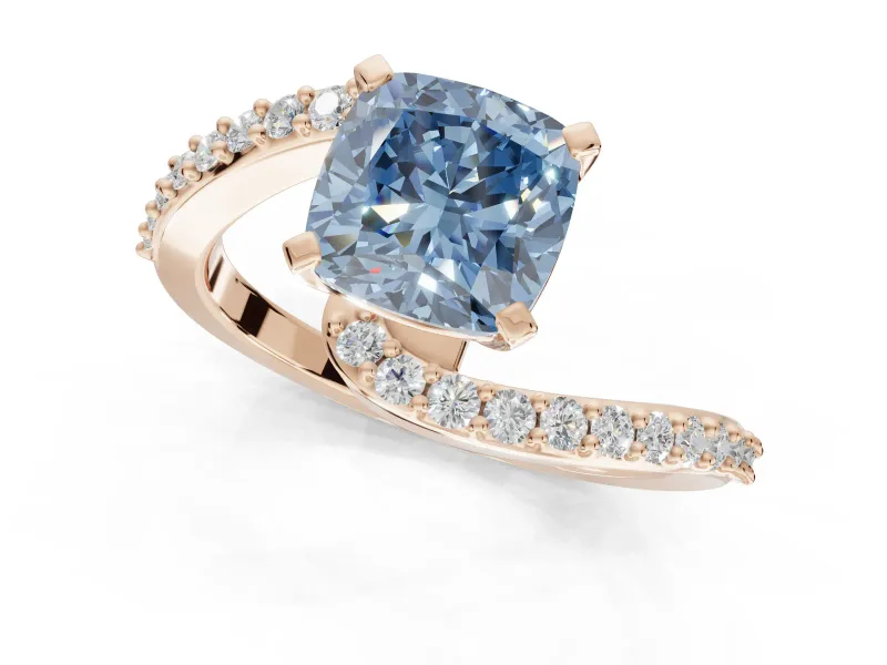 Cushion Cut Bypass Pavé Engagement Ring Setting for a Fancy Blue Lab-Grown Diamond | Rose Gold