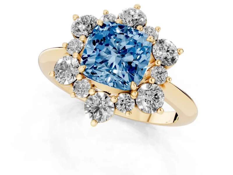 Cushion Cut Cluster Halo Engagement Ring Setting for a Fancy Blue Lab-Grown Diamond | Yellow Gold