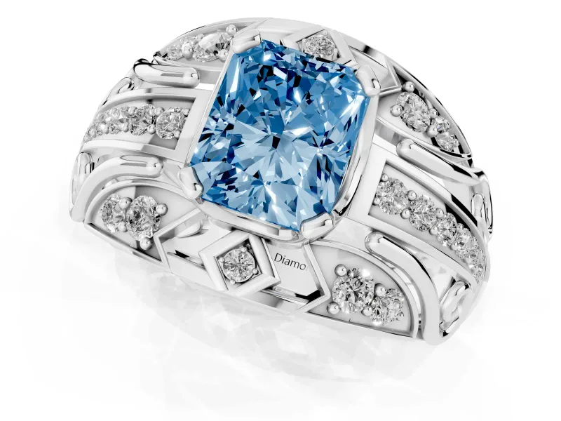 Radiant Cut Art Deco Graduated Engagement Ring Setting for a Fancy Blue Lab-Grown Diamond | Platinum