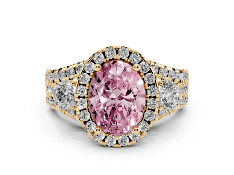 Fancy Pink Oval Cut Diamond Halo Split Shank Ring Set in Yellow gold with Round Accent Stones and Prong Setting