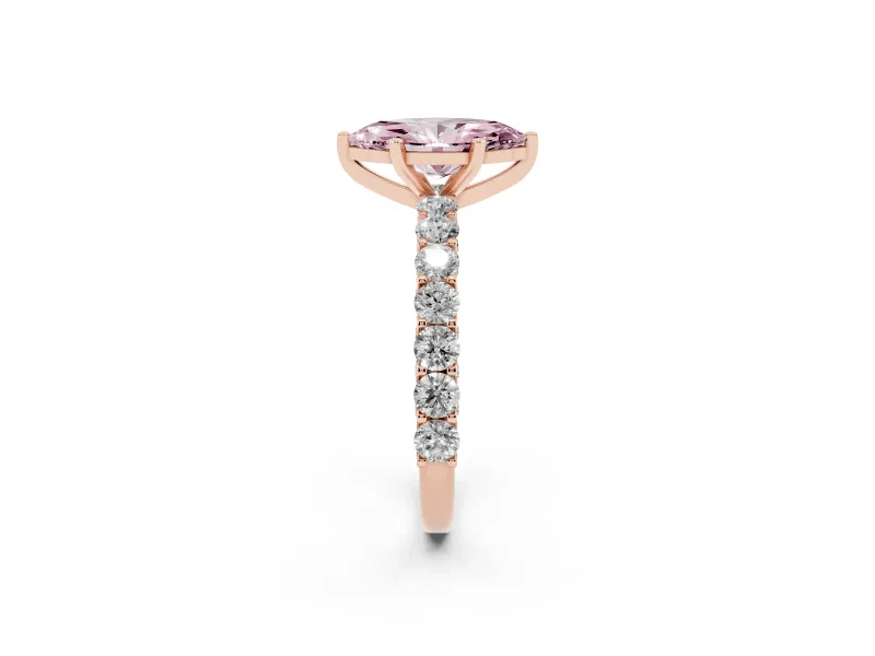 Fancy Pink Marquise Cut Diamond Solitaire Ring Set in Rose gold with Shared Prong Pavé Band