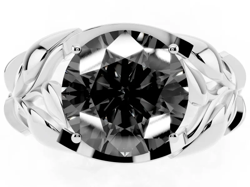 Fancy Black Round Cut Diamond Leaf-Inspired Engagement Ring Set in Platinum with Round Accents