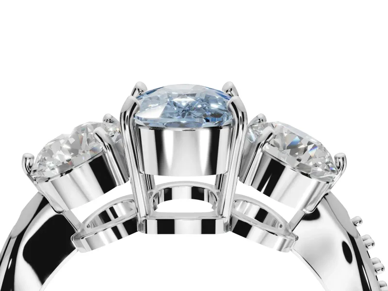 Cushion Cut Three Stone Engagement Ring Setting for a Fancy Blue Lab-Grown Diamond | Tapered Pave Band | White Gold